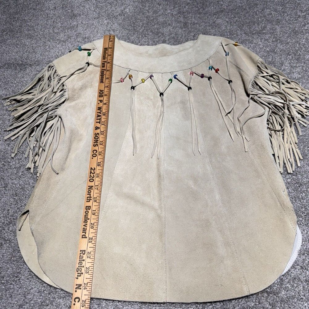Pioneer Wear Fringe Beaded Tan Ivory Leather Women's Top Size 10 Cowgirl Western - Picture 3 of 13